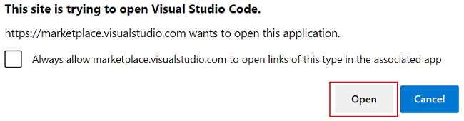 Captura de pantalla que muestra una ventana emergente para abrir Visual Studio Code.
